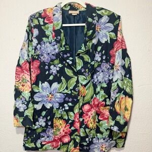 Vintage Classic Directions Floral Cottagecore Blazer 18 Navy Blue 90s Oversized